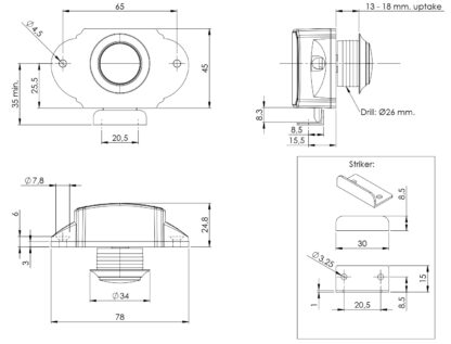 Robuuste drukknopsluiting met handgreepfunctie, gemaakt van ABS, oppervlak: verchroomd, uitvoering: rond, 14.03.047-0. Compacte drukknop voor caravan, jacht, caravan, boot, kastdeur, lade en nog veel meer, van SISO Denmark - Afbeelding 2