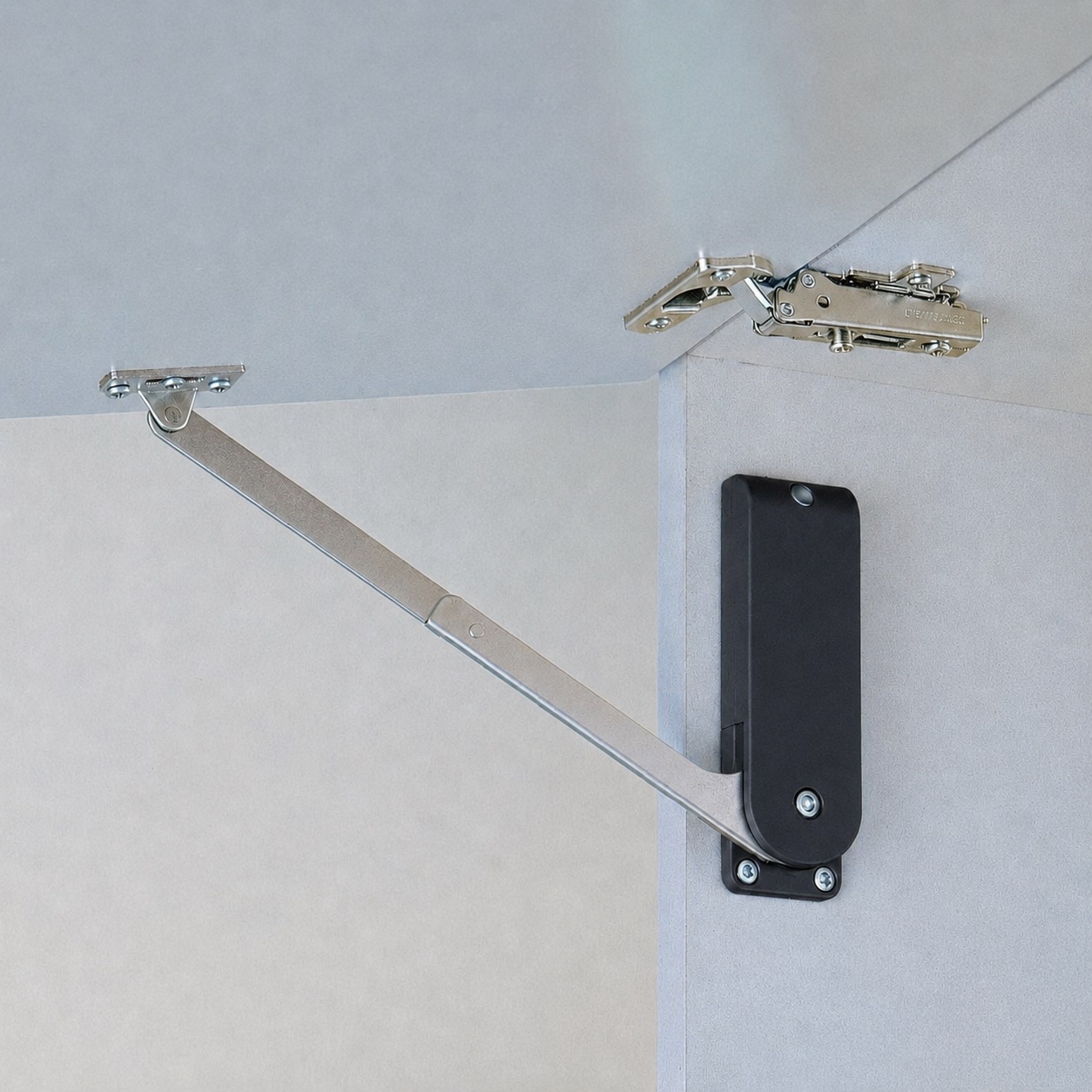 Hoogwaardige klephouder, oppervlak: zwart, versie: links, HDS-30HL-BL. Stevige klepondersteuning voor opvouwbare meubels, keukenmeubels en nog veel meer, door Sugatsune / LAMP® (Japan) - Afbeelding 4