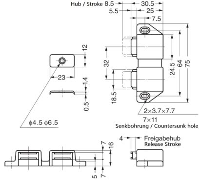 Compacte magnetische drukknoopklep, incl. contraplaat, oppervlak: bruin, 25 mm (63/64"), uitvoering: met 2 plunjers, ML-30WBR. Dubbele deuropener voor meubeldeuren, kastdeuren en nog veel meer, van Sugatsune / LAMP® (Japan) - Afbeelding 2
