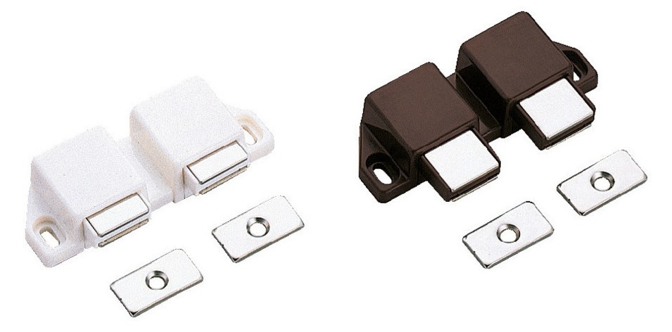 Compacte magnetische kliksluiting, incl. contraplaat, oppervlak: wit, 25 mm (63/64"), uitvoering: met 2 plunjers, ML-30WW. Ruimtebesparende dubbele deuropener voor meubeldeuren, kastdeuren en nog veel meer, van Sugatsune / LAMP® (Japan) - Afbeelding 3