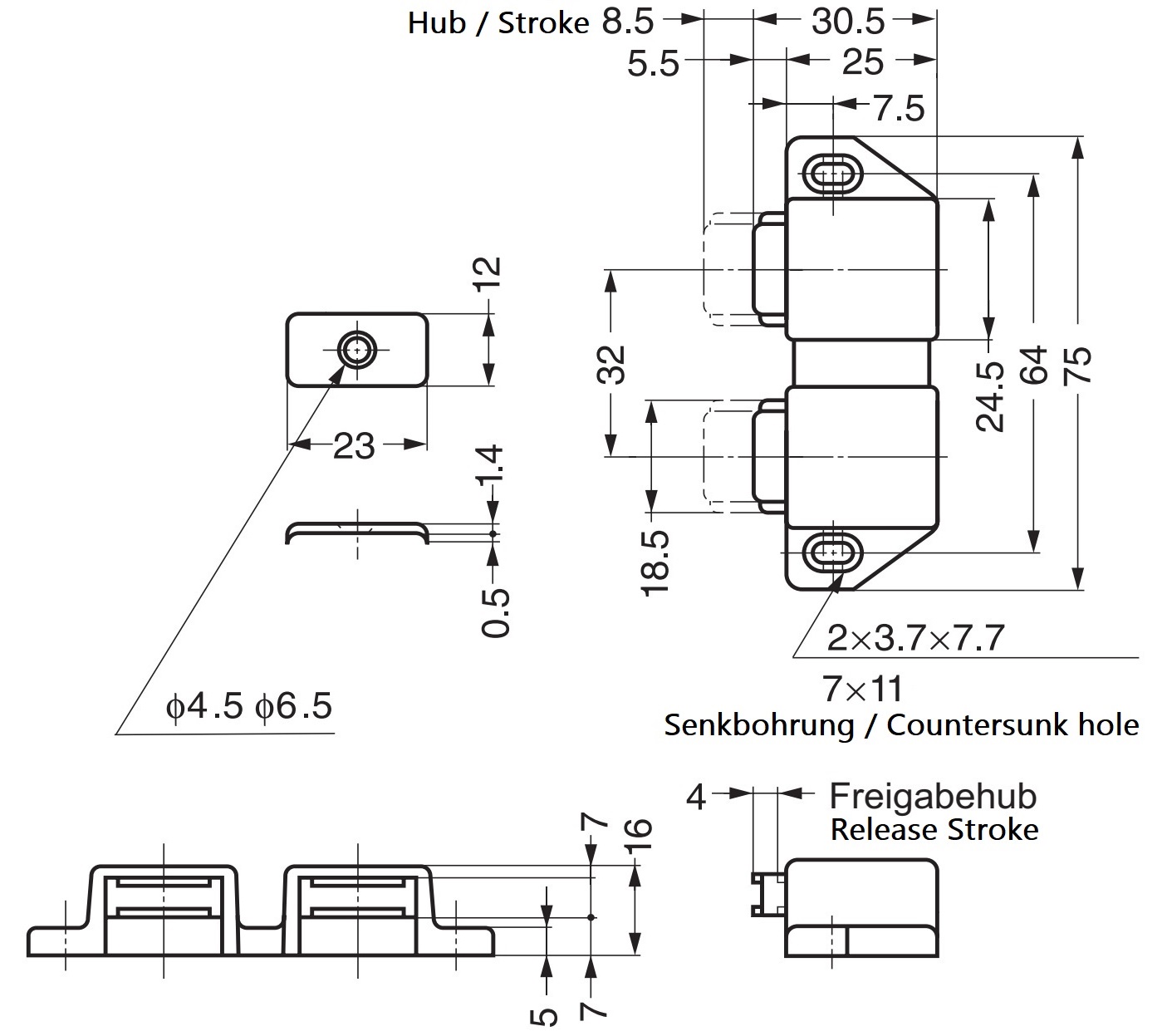Compacte magnetische kliksluiting, incl. contraplaat, oppervlak: wit, 25 mm (63/64"), uitvoering: met 2 plunjers, ML-30WW. Ruimtebesparende dubbele deuropener voor meubeldeuren, kastdeuren en nog veel meer, van Sugatsune / LAMP® (Japan) - Afbeelding 2