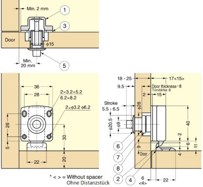 Drukknopsluiting voor deurdiktes van 18 tot 21 mm, oppervlak: ivoor, SL-B211-I. Push-Latch voor RV Ombouw, Jacht Interieur, Caravan Meubels en nog veel meer, door Sugatsune / LAMP® (Japan) - Afbeelding 2