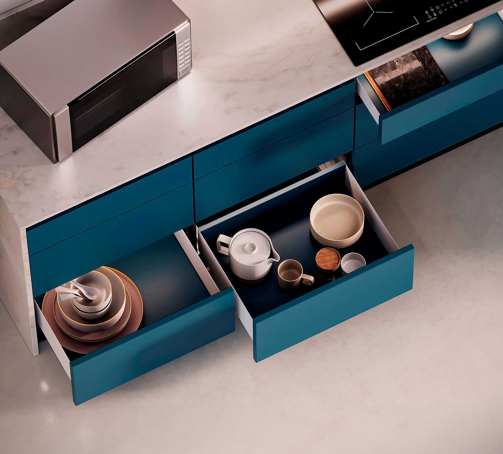 Ladeset, met extra dunne frames, hoogte: 88 mm (3-15/32"), oppervlak: wit, 340 mm (13-25/64"), versie: gedeeltelijke verlenging met openduw, 3275112. ladeset voor keukenmeubels en nog veel meer, door EMUCA - Afbeelding 8