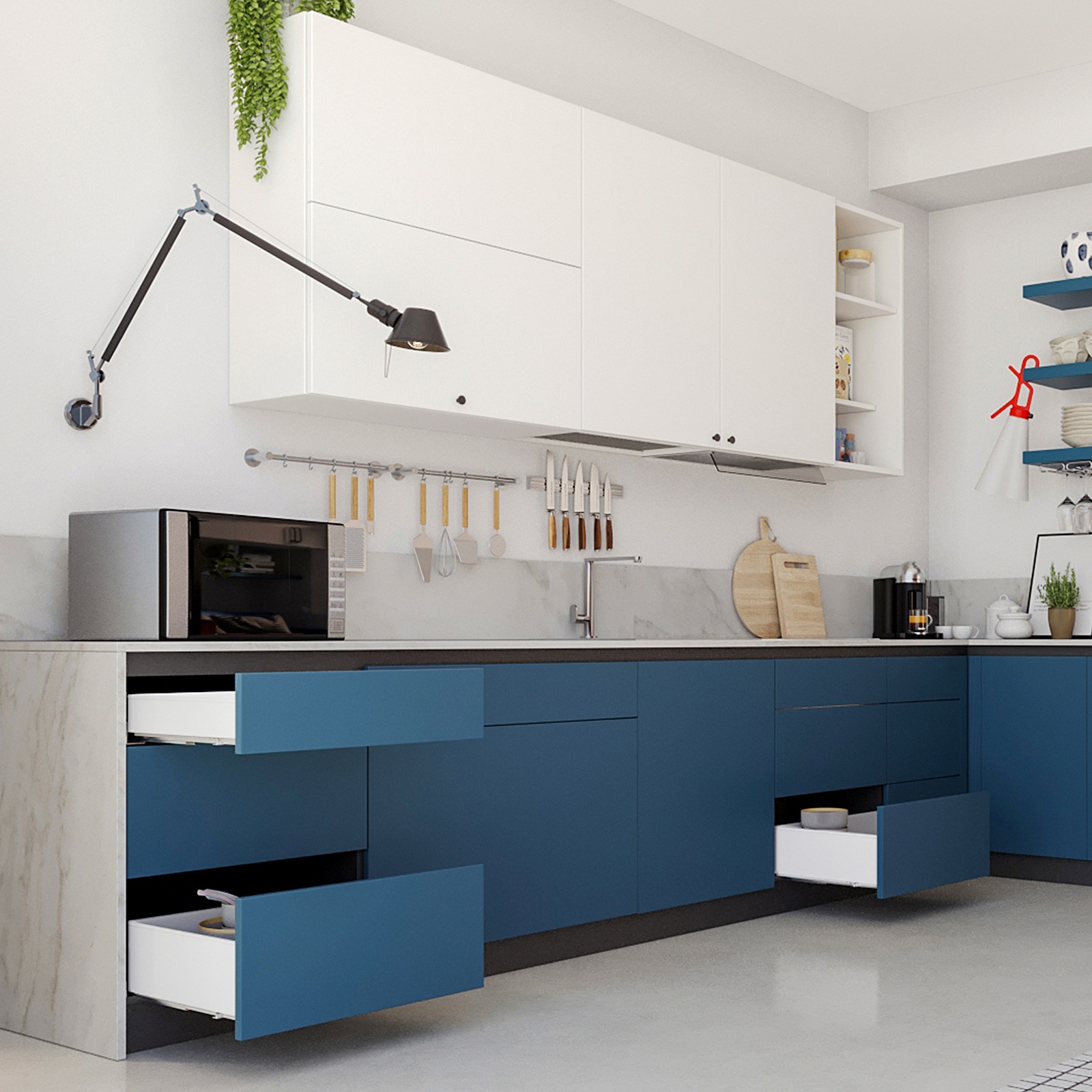 Ladeset, met extra dunne frames, hoogte: 88 mm (3-15/32"), oppervlak: wit, 490 mm (19-19/64"), versie: gedeeltelijke verlenging met openduw, 3275412. ladeset voor keukenmeubels en nog veel meer, door EMUCA - Afbeelding 9