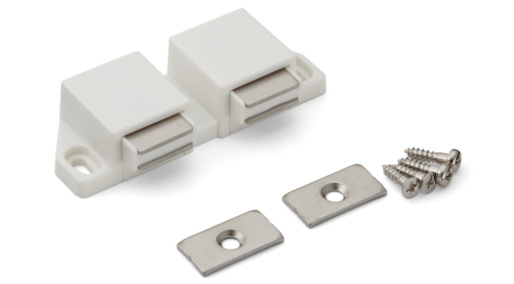 Compacte magnetische kliksluiting, incl. contraplaat, oppervlak: wit, 25 mm (63/64"), uitvoering: met 2 plunjers, ML-30WW. Ruimtebesparende dubbele deuropener voor meubeldeuren, kastdeuren en nog veel meer, van Sugatsune / LAMP® (Japan) - Afbeelding 4