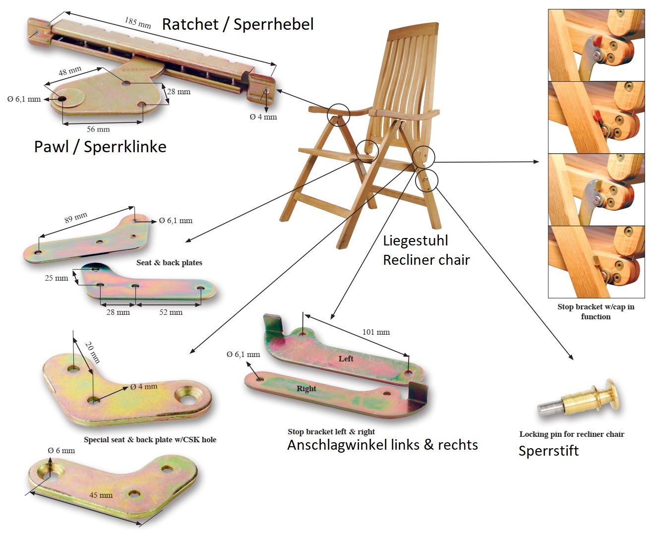 2 stuks weerbestendige pal, gemaakt van robuust staal, oppervlak: verzinkt, geel, 04.05.015-2 (04.05.015). Handgreephendel voor tuinstoel, ligstoel, ligstoel, tuinmeubilair, terrasmeubilair, tuinmeubelen en nog veel meer, door SISO Denmark - Afbeelding 8